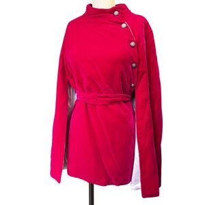 Vintage Fuchsia Pink Velvet Cape Poncho Jacket Belted Snap Button Statement